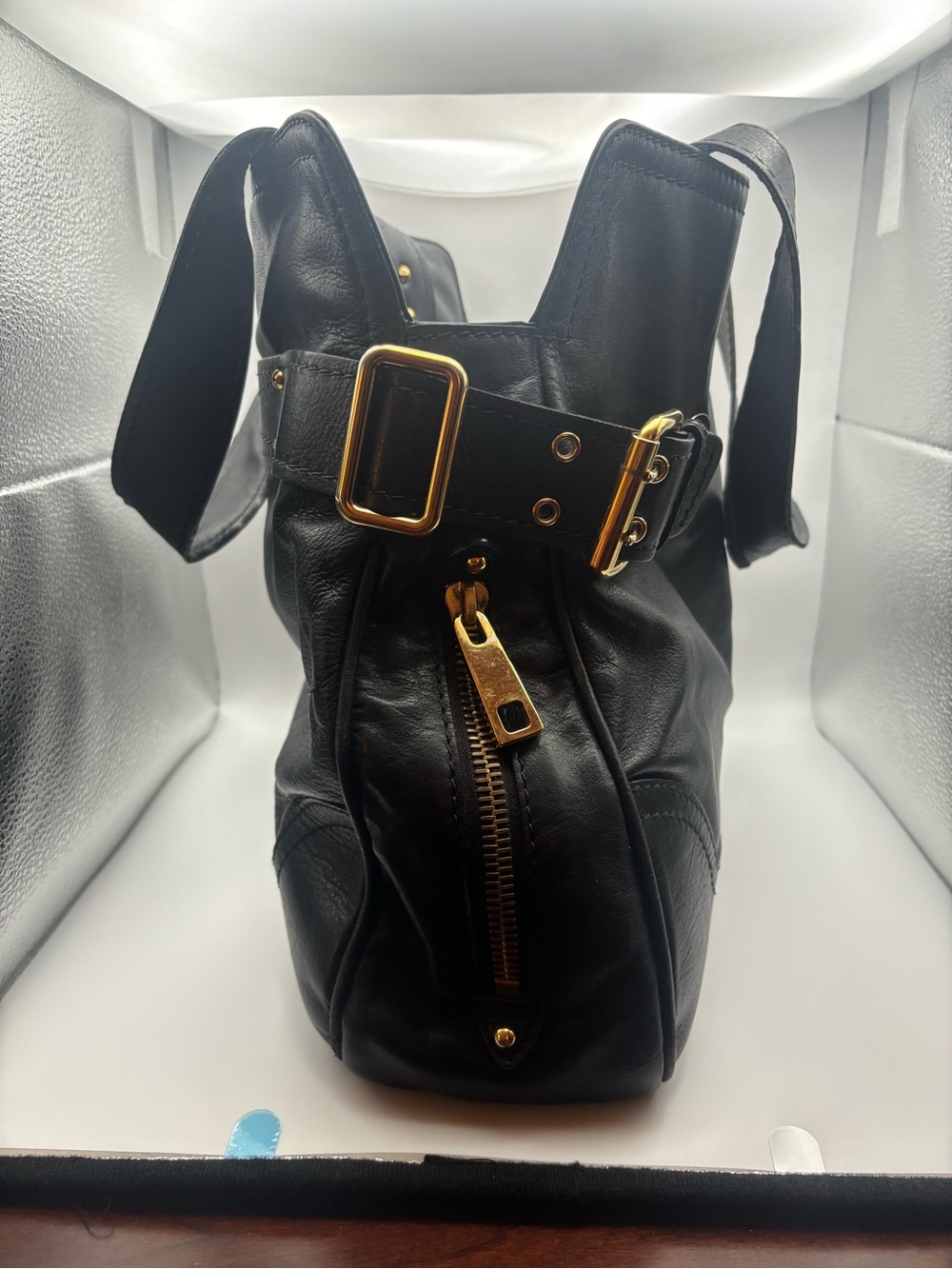 Vintage Marc Jacobs Soft Black Leather Hobo Shoulder Bag Gold Hardware Y2K